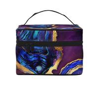 Bolsa de Maquillaje, Bolsa de cosméticos Grande, Bolsa de Viaje portátil, Impermeable de Cuero para Mujeres y niñas,Ágata Abstracta Púrpura, Azul, Oro