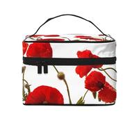 Bolsa de Maquillaje, Bolsa de cosméticos Grande, Bolsa de Viaje portátil, Impermeable de Cuero para Mujeres y niñas,Flores de Amapola roja
