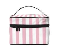Bolsa de Maquillaje, Bolsa de cosméticos Grande, Bolsa de Viaje portátil, Impermeable de Cuero para Mujeres y niñas,Rayas Líneas Paralelas Rosa Blanco