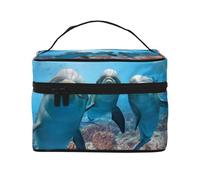 Bolsa de Maquillaje, Bolsa de cosméticos Grande, Bolsa de Viaje portátil, Impermeable de Cuero para Mujeres y niñas,Animal del océano Divertido delfín Impreso
