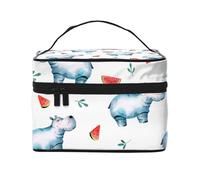 Bolsa de Maquillaje, Bolsa de cosméticos Grande, Bolsa de Viaje portátil, Impermeable de Cuero para Mujeres y niñas,Acuarela Lindo Hipopótamo Sandía