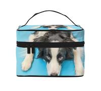 Bolsa de Maquillaje, Bolsa de cosméticos Grande, Bolsa de Viaje portátil, Impermeable de Cuero para Mujeres y niñas,Perro Cachorro Gracioso Border Collie sobre Fondo Azul