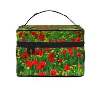 Bolsa de Maquillaje, Bolsa de cosméticos Grande, Bolsa de Viaje portátil, Impermeable de Cuero para Mujeres y niñas,Impresión del Paisaje del Prado de la Granja del Campo de Amapola roja