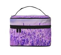 Bolsa de Maquillaje, Bolsa de cosméticos Grande, Bolsa de Viaje portátil, Impermeable de Cuero para Mujeres y niñas,Paisaje Flor Lavanda Púrpura Paisaje