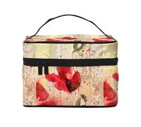 Bolsa de Maquillaje, Bolsa de cosméticos Grande, Bolsa de Viaje portátil, Impermeable de Cuero para Mujeres y niñas,Flor De Amapola Roja Floral Beige