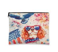 Bolsa de maquillaje Charles Spaniel del 4 de julio de 7 x 9 pulgadas para bolso de viaje, bolsa de cosméticos con patrón de aniversario americano de 250 años, organizador patriótico portátil de lona
