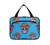 Bolsa de maquillaje colgante de calavera de vaquero azul con purpurina falsa con gancho, bolsa de maquillaje elegante para mujer, bolsas de maquillaje imprescindibles para maquillaje de mujer, talla L