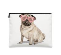 Bolsa de maquillaje con diseño de carlino para gafas de sol con forma de corazón, bonita ilustración de animales, bolsa de cosméticos de viaje para mujeres, organizador portátil de lona con cremallera