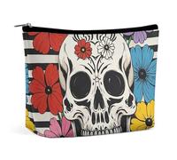 Bolsa de Maquillaje con diseño de Esqueleto y Flores en Blanco y Negro para Mujer, portátil, Impermeable, para cosméticos, para Viajes y Trabajo.