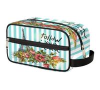 Bolsa de maquillaje con diseño de flores de la Torre Eiffel a rayas para mujeres, hombres, niños y niñas, bolsa de lavado, bolsa de viaje para artículos de aseo personal, organizador de cosméticos,