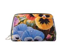 Bolsa de maquillaje con diseño de flores de pensamiento para mujer, bolsa de cosméticos de piel, organizador de maquillaje, impermeable, bolsa de maquillaje plana abierta, bolsa de almacenamiento