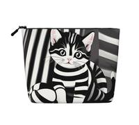Bolsa de maquillaje con diseño de gatito a rayas blancas y negras, bolsa organizadora impermeable para artículos de tocador de viaje y almacenamiento diario
