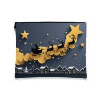 Bolsa de maquillaje con diseño de trineo de Papá Noel, bolsa de viaje para cosméticos de Navidad, azul marino y dorado, para mujer, organizador portátil de lona con cremallera, Azul marino, 7x9 Inch