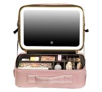 Bolsa de maquillaje con espejo LED, organizador portátil de piel sintética con luz de pantalla táctil, funda de mano de gran capacidad, carga USB, brillo ajustable para mujeres, 14.6 x 10.4 x 4.9