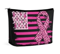 Bolsa de maquillaje con lazo rosa para concienciar sobre el cáncer de mama, bandera estadounidense, bolsa de viaje de PU, bolsa impermeable con cremallera, artículos de tocador para mujer, 6.8 x 5.9 p