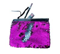 Bolsa de maquillaje con lentejuelas abatible, bolsa reversible de lentejuelas de sirena, bolso de mano brillante de dos tonos, soporte para brochas de cosméticos y bolso de viaje, rosa y plateado, 19