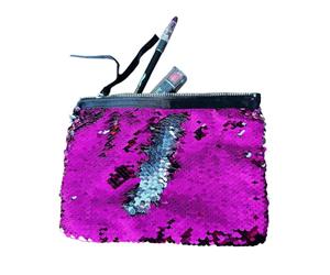 Bolsa de maquillaje con lentejuelas abatible, bolsa reversible de lentejuelas de sirena, bolso de mano brillante de dos tonos, soporte para brochas de cosméticos y bolso de viaje, rosa y plateado, 19