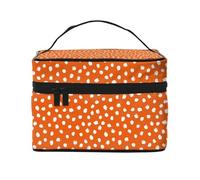 Bolsa de maquillaje con lunares sobre fondo naranja, bonitas bolsas de cosméticos para mujer, bolsa de aseo personal, bolsa organizadora de maquillaje de viaje grande