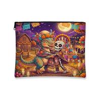 Bolsa de maquillaje Day of the Dead Pachycephalosaurus, divertida bolsa de viaje para cosméticos de esqueleto para mujeres y niñas, organizador portátil de lona con cremallera, bolsa de aseo de granja