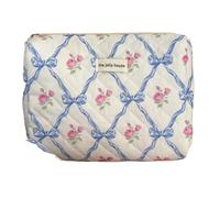 Bolsa de maquillaje de algodón con diseño de flores y lazo para mujer, organizador de cosméticos con cremallera, bolsa de aseo portátil para niñas, Bolsa de mano azul, Talla única