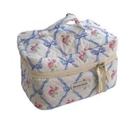 Bolsa de maquillaje de algodón con diseño de flores y lazo para mujer, organizador de cosméticos con cremallera, bolsa de aseo portátil para niñas, Bolsa de cosméticos azul, Talla única