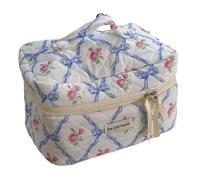 Bolsa de maquillaje de algodón con diseño de flores y lazo para mujer, organizador de cosméticos con cremallera, bolsa de aseo portátil para niñas, Bolsa de cosméticos azul, Talla única