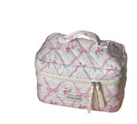 Bolsa de maquillaje de algodón con lazo lindo flor acolchado mujeres cremallera organizador cosmético bolsa de tela femenina bolsa de tocador portátil para niñas, Bolso cosmético rosa, Taglia Unica