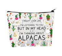 Bolsa de maquillaje de alpaca, regalo de alpaca para los amantes de la alpaca, regalos divertidos de alpaca en mi cabeza, bolsa de cosméticos con texto en inglés "I'm Thinking about Alpaca, Bolsa de