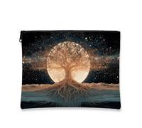 Bolsa de maquillaje de árbol celestial, bolsa de viaje de cosméticos Cosmic Moon Forest para mujer, organizador portátil de lona con cremallera, perfecto para festivales y regalos de temporada, Negro