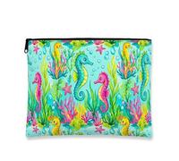 Bolsa de maquillaje de caballitos de mar vibrantes, bolsa de viaje con temática oceánica para mujer, organizador portátil de lona con cremallera, bolsa de aseo de playa de verano, Aqua, 7x9 Inch