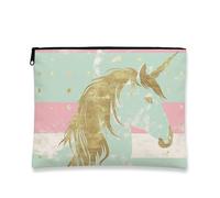 Bolsa de maquillaje de caballo mágico, bolsa de viaje de cosméticos a rayas pastel para mujeres, organizador portátil de lona con cremallera, divertido neceser para el cuidado de la piel para niños