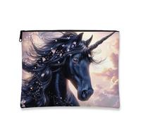 Bolsa de maquillaje de caballo mágico, bolsas de viaje de cosméticos de fantasía negra para mujer, bolsa pequeña portátil de lona con cremallera, organizador de regalo para artículos de tocador para