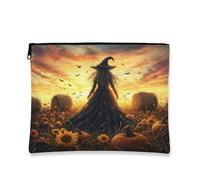 Bolsa de maquillaje de calabaza de bruja, bolsa de viaje para cosméticos de girasol otoñal para mujer, organizador portátil de lona con cremallera, bolsa de aseo para el cuidado de la piel de otoño, 7