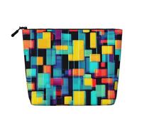 Bolsa de maquillaje de cáñamo falso con diagrama geométrico cuadrado, bonita y ligera para mujer, 100% poliéster, impermeable, gran capacidad, perfecta para viajes y uso diario