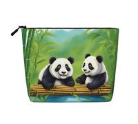 Bolsa de maquillaje de cáñamo falso con dos bonitos pandas, organizador de viaje de gran capacidad para viajes de negocios y uso diario