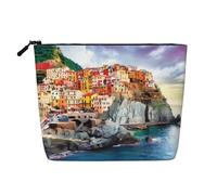 Bolsa de maquillaje de cáñamo falso con estampado de flores dibujadas a mano, organizador de artículos de tocador de viaje, almacenamiento diario, esencial para viajes de negocios, Cinque Terre