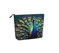 Bolsa de maquillaje de cáñamo falso con estampado de pavo real de gran capacidad, bolsa de aseo personal, bolsa de viaje con cremallera.