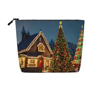 Bolsa de maquillaje de cáñamo falso de una sola capa con estampado de aldea de carnaval de Navidad, bolsa de aseo con cremallera, accesorios para mujer, color negro, talla única, Negro, One Size