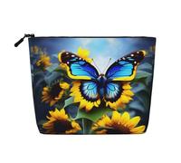 Bolsa de maquillaje de cáñamo falso, diseño de mariposa azul, bonito y ligero para mujer, 100 % poliéster, impermeable, gran capacidad, perfecto para viajes y uso diario