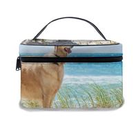 Bolsa de Maquillaje de Cuero, Amante de los Perros Golden Retriever en una Duna de Arena con Vistas a la Escena del Cielo del océano de la Playa Tropical, Bolsas de Maquillaje portátiles Impermeable