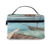 Bolsa de Maquillaje de Cuero, baúl Antiguo de fantasía en Olas del océano con Imagen de Barco de Pastel de pájaro mágico, Bolsas de Maquillaje portátiles Impermeables