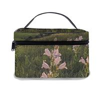 Bolsa de Maquillaje de Cuero, Blue Sky Hills Great Plains High Plains Flower Grass Green Heartland Hills Landscape, Bolsas de Maquillaje portátiles Impermeables