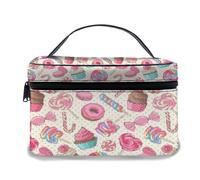 Bolsa de Maquillaje de Cuero, Candy Cane Yummy Sweet Lolli Candy Macaroon Cupcake y Donut en patrón de Lunares, Bolsas de Maquillaje portátiles Impermeables