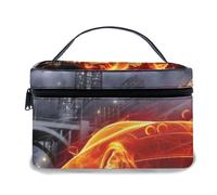 Bolsa de Maquillaje de Cuero, Carrera de automóviles de pasajeros en Llamas a lo Largo de una Calle de la Ciudad contra el Cielo con Nubes de Plomo, Bolsas de Maquillaje portátiles Impermeables