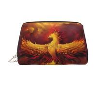 Bolsa de maquillaje de cuero dorado - Bolsa de cosméticos de viaje con estampado de fénix de fantasía para mujer, organizador pequeño con asa, bolsa con cremallera, Gold, Talla única