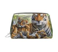 Bolsa de maquillaje de cuero dorado - Bolsa de cosméticos de viaje con estampado de tigre de la selva para mujeres, organizador pequeño con asa, bolsa con cremallera, Silver, Talla única