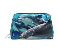 Bolsa de maquillaje de cuero dorado - Bolsas de cosméticos de viaje con estampado de delfines para mujer, organizador pequeño con asa, bolsa con cremallera, Silver, Talla única