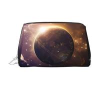 Bolsa de maquillaje de cuero dorado - Cosmic Shining Planet Print Travel Cosmetic Bags con organizador, bolsa de aseo portátil para uso diario, Silver, Talla única