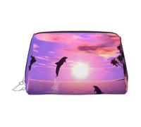 Bolsa de maquillaje de cuero dorado - Sunset Dolphins (1) bolsa de cosméticos de viaje impresa, organizador portátil de artículos de tocador, bolsa con cremallera para uso diario, Silver, Talla única