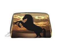 Bolsa de maquillaje de cuero dorado - The Sunset Stallion (1) bolsa de cosméticos de viaje impresa, organizador portátil de artículos de tocador, bolsa con cremallera para uso diario, Silver, Talla